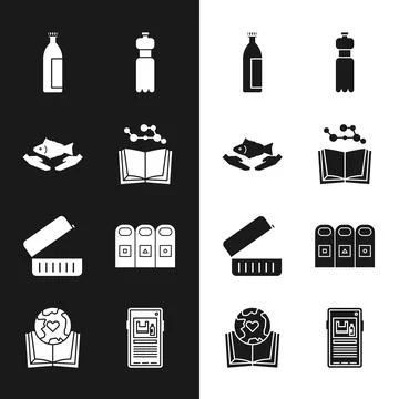 Set Open book, Fish care, Lotion cosmetic tube, Bottle of water, Lunch box Stock Illustration