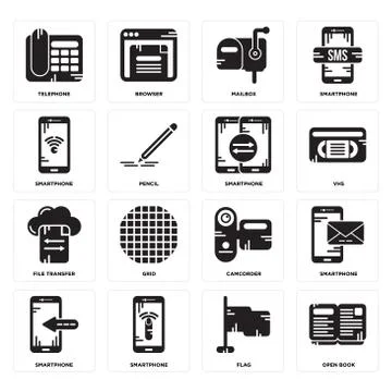 Set of Open book, Flag, Smartphone, Camcorder, File transfer, Mailbox, Teleph Illustrazione stock gratuita