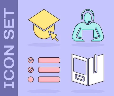 Set Open book, Graduation cap on globe, Task list and Student icon. Vector Stock Illustration