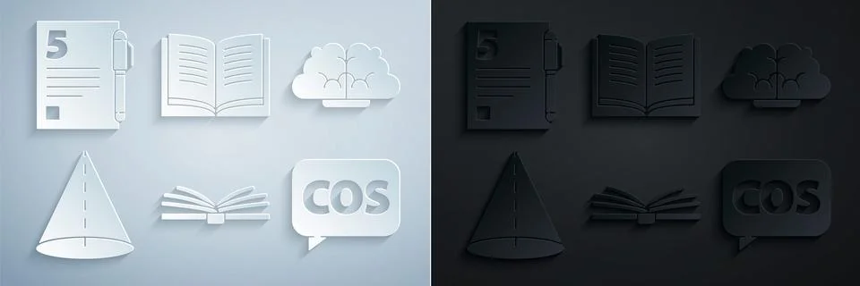 Set Open book, Human brain, Geometric figure Cone, Mathematics function cos.. Stock Illustration
