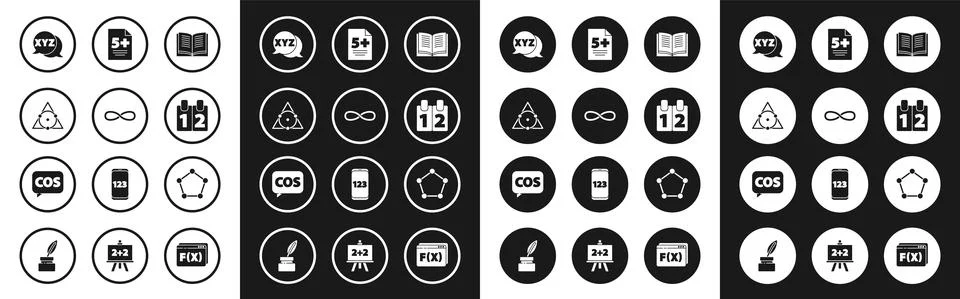 Set Open book, Infinity, Triangle math, XYZ Coordinate system, Calendar, Test Stock Illustration