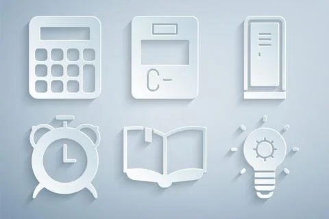 Set Open book, Locker or changing room, Alarm clock, Light bulb, Exam paper w Stock Illustration