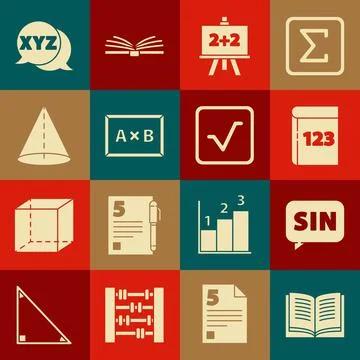 Set Open book, Mathematics function sine, Book with word mathematics, Chalkboard Stock Illustration