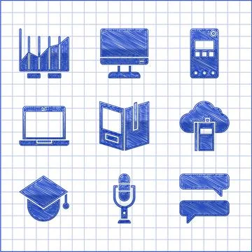 Set Open book, Microphone, Speech bubble chat, Cloud or online library 스톡 일러스트