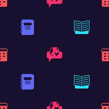 Set Open book, Notebook, Learning foreign languages and School timetable on Stock Illustration