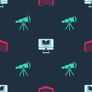 Set Open book, Online class and Telescope on seamless pattern. Vector Stock Illustration