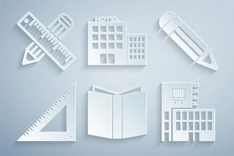 Set Open book, Pencil, Triangular ruler, Mall or supermarket building, Hotel and 스톡 일러스트