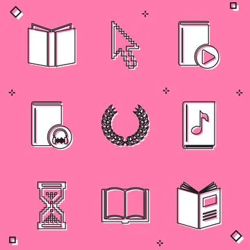 Set Open book, Pixel arrow cursor, Audio, Laurel wreath, Hourglass pixel an.. Stock Illustration