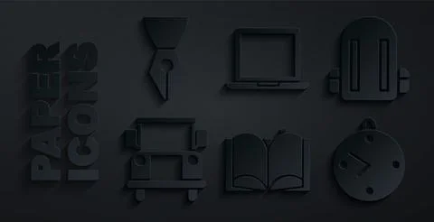 Set Open book, School backpack, Bus, Clock, Laptop and Fountain nib icon. Vector Stock Illustration