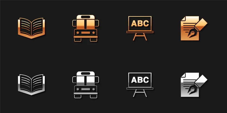 Set Open book, School Bus, Chalkboard and Exam sheet and pencil icon. Vector Stock Illustration