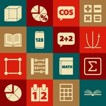 Set Open book, Sigma symbol, Graph, schedule, chart, diagram, Mathematics f.. Stock Illustration
