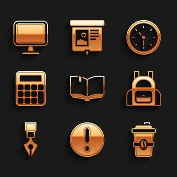Set Open book, Speech bubble and Exclamation, Coffee cup to go, School back.. Stock-Illustration