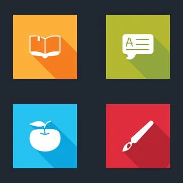 Set Open book, Speech bubbles with Answer, Apple and Paint brush icon. Vector Stock Illustration