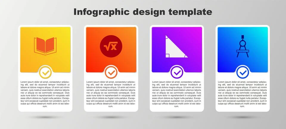 Set Open book, Square root of x glyph, Triangle math and Drawing compass Stock Illustration
