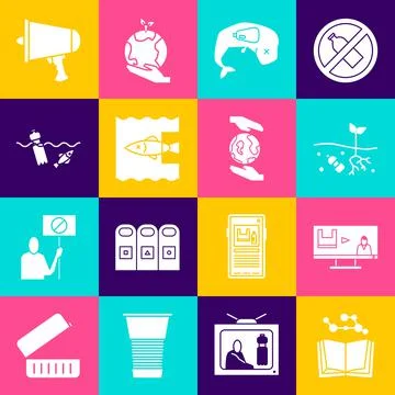 Set Open book, Stop plastic pollution, Problem of planet, Environment protection Stock Illustration