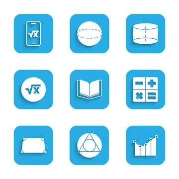 Set Open book, Triangle math, Graph, schedule, chart, diagram, Calculator, .. Stock Illustration