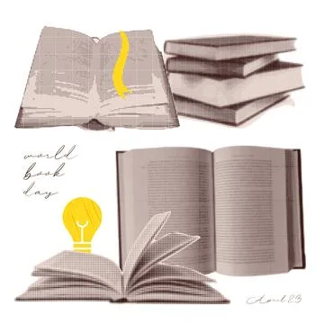 Set with open books and stack isolated on white background retro grunge dotted Stock Illustration