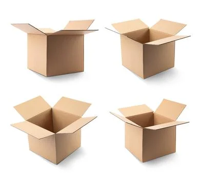 Set of open cardboard boxes on white background Stock Photos