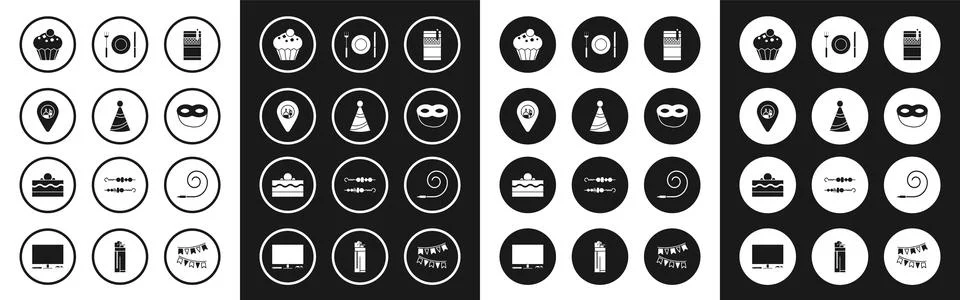 Set Open cigarettes pack box Party hat Alcohol or beer bar location Muffin Fe Stock Illustration