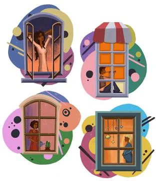 Set of open colorful different windows with shutters and flowers. Stock Illustration
