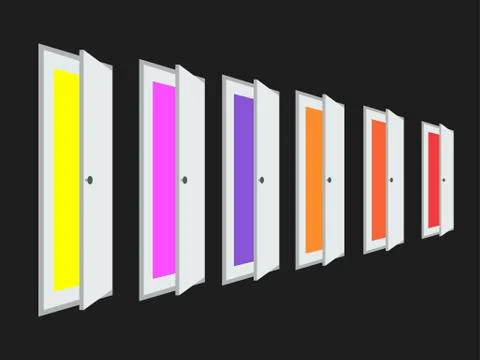 A set of open doors with different colors color. Isometric door. Vector ill.. Stock Illustration