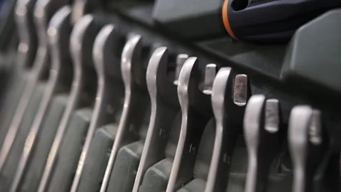 Set of open-end wrenches arranged in plastic tool case Stock Footage 310781567