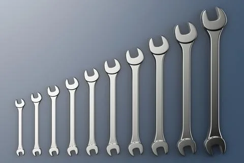 A set of open-end wrenches of different sizes. Mechanics topics. Stock Photos