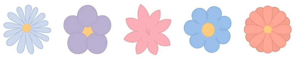 Set of open flower buds. ?hamomile, violet, pink lily, gerbera, lush bud. Stock Illustration