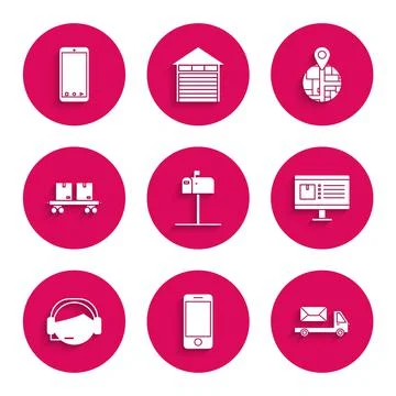 Set Open mail box, Mobile phone with app delivery tracking, Post truck, Computer Illustrazione stock