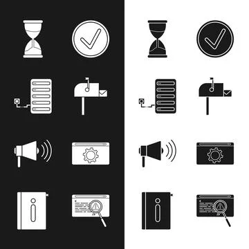 Set Open mail box, Server, Hourglass, Check mark in circle, Megaphone, Setting Stock Illustration