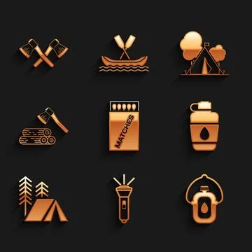Set Open matchbox and matches, Flashlight, Canteen water bottle, Tourist tent Stock Illustration