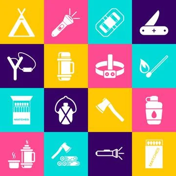 Set Open matchbox and matches, Canteen water bottle, Burning with fire, Rafting Stock Illustration