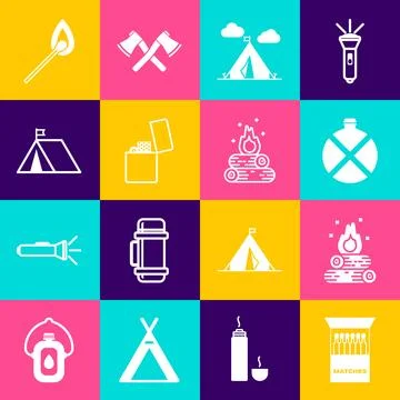 Set Open matchbox and matches, Campfire, Canteen water bottle, Tourist tent.. Stock Illustration
