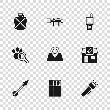 Set Open matchbox and matches, Hunting shop, Flashlight, place, Walkie talk.. Illustration