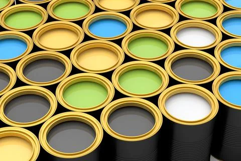 Set of open metal can or buckets of paint in row pattern on white background. イラスト素材