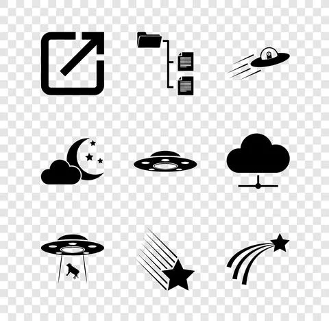 Set Open in new window, Folder tree, UFO flying spaceship and alien, abducts cow Stock Illustration