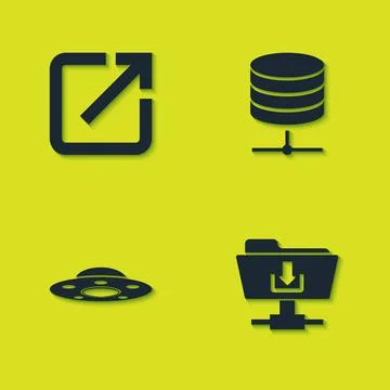 Set Open in new window, FTP folder download, UFO flying spaceship and Server Stock Illustration