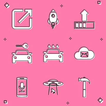 Set Open in new window, Rocket ship with fire, Loading, Car rental, wash and Stock Illustration