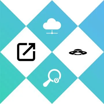 Set Open in new window, Search location, Network cloud connection and UFO flying Stock Illustration