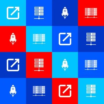 Set Open in new window, Server, Data, Web Hosting, Rocket ship with fire and Stock Illustration