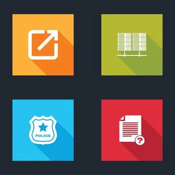Set Open in new window, Server, Data, Web Hosting, Police badge and Unknown d Stock Illustration