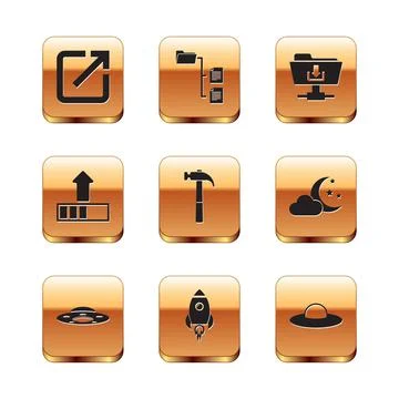 Set Open in new window, UFO flying spaceship, Rocket with fire, Hammer, Loading Stock Illustration