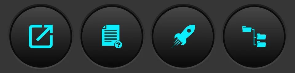 Set Open in new window, Unknown document, Rocket ship with fire and Folder tree Stock Illustration
