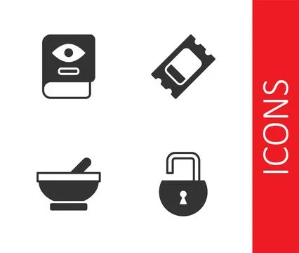 Set Open padlock, Ancient magic book, Witch cauldron and Circus ticket icon Ilustração Stock