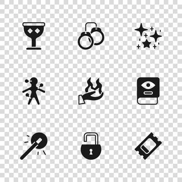 Set Open padlock, Ancient magic book, Circus ticket, Hand holding fire, Mag.. Ilustração Stock