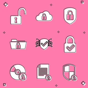 Set Open padlock, Cloud computing, Shield security with, Folder and, Cyber and 스톡 일러스트
