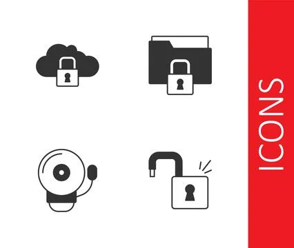 Set Open padlock, Cloud computing, Ringing alarm bell and Folder and icon Illustrazione stock