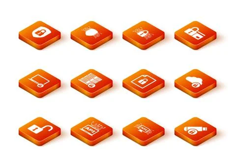 Set Open padlock, Computer api interface, Laptop and, Server security with, and Stock Illustration