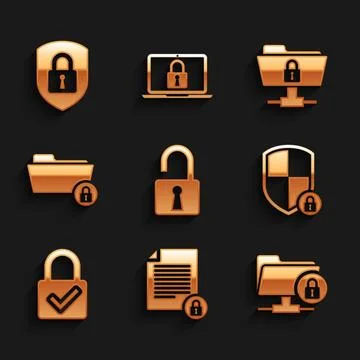 Set Open padlock, Document and, FTP folder, Shield security with, Lock chec.. Stock Illustration