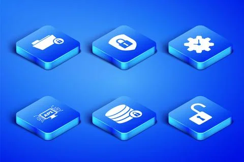 Set Open padlock, Folder and, Server security with, Computer api interface Illustrazione stock